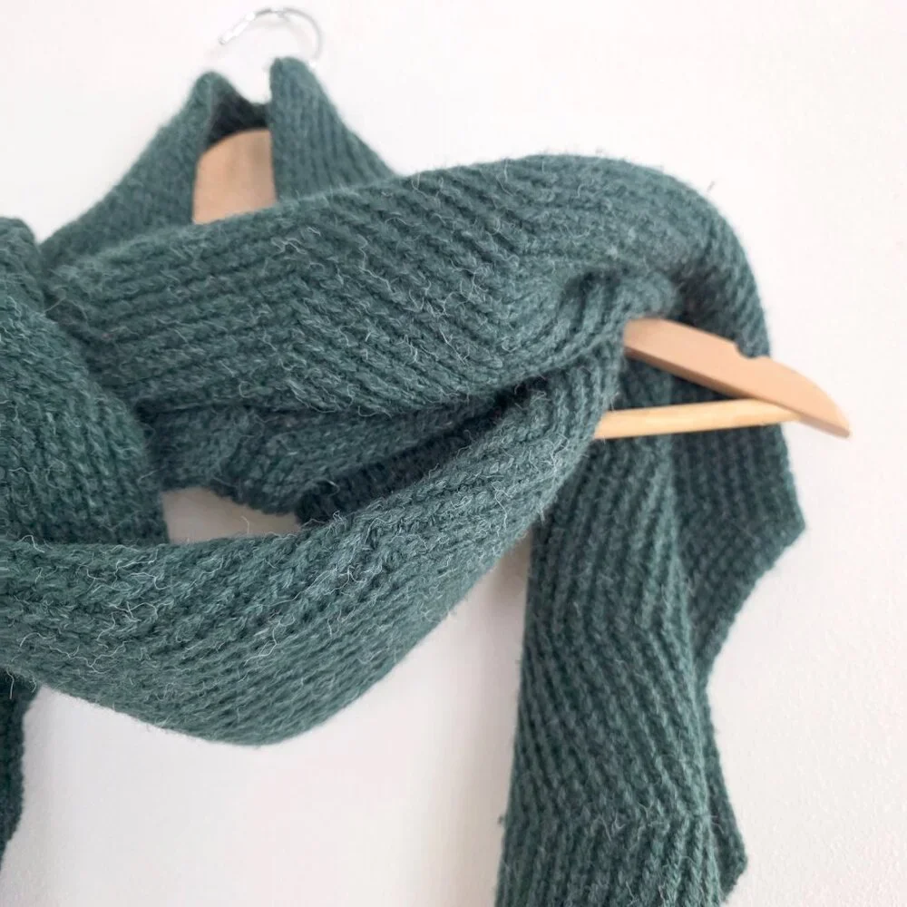 C.C. Knit Scarf Dark Green Zigzag Ric Rac Ripple Edge Long Winter Wrap